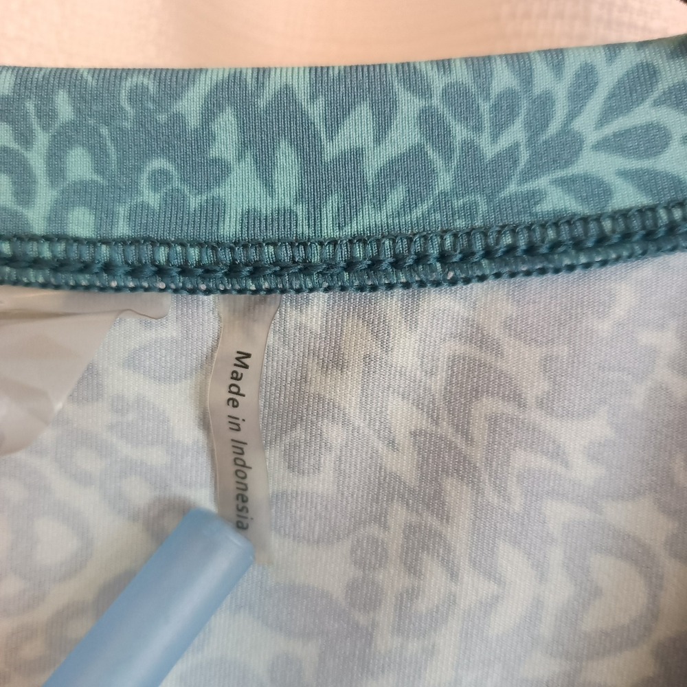 Athleta A-Line Dress Women's Teal/Yellow Print Faux Wrap Ruched Stretch Size L - Picture 4 of 5